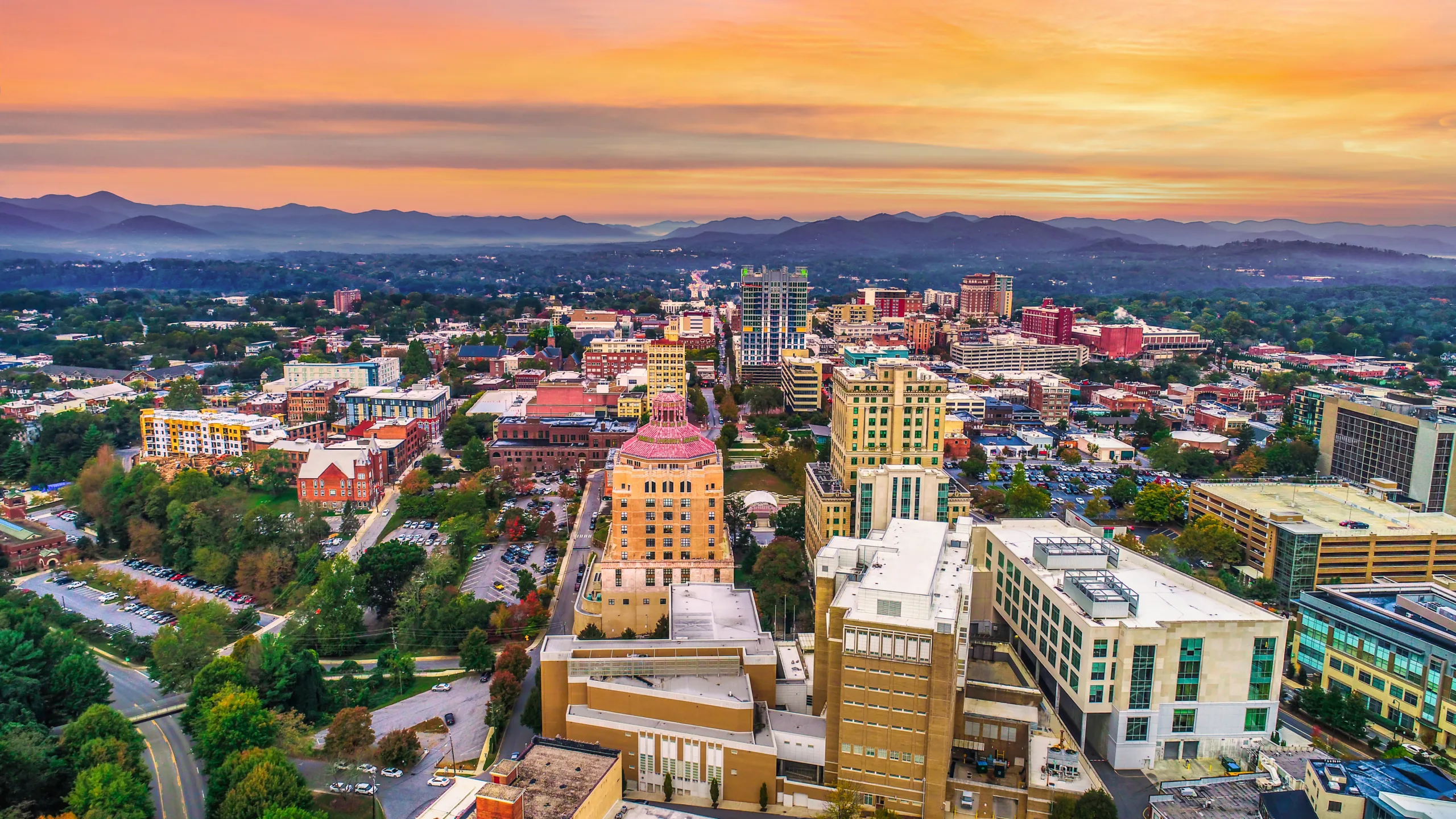 Picturesque cityscape photo of downtown Asheville. NC.